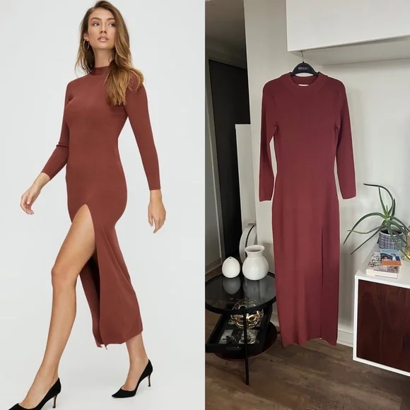 Aritzia Babaton Mockneck Slit Long new Bodycon Formal Evening Dress Sz L - Picture 5 of 12